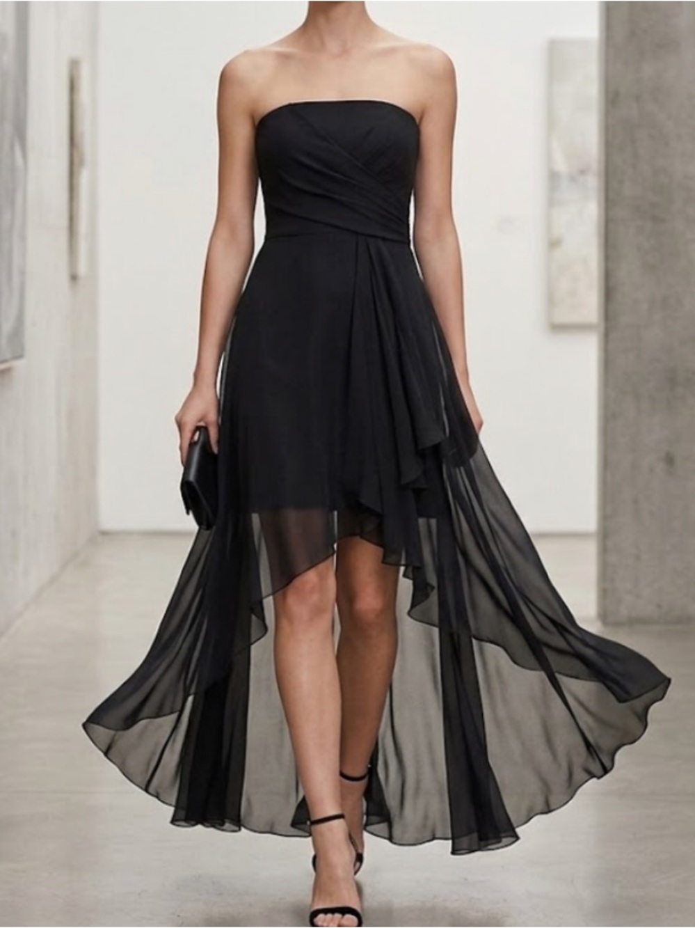 Vintage Jessica McClintock Elegant black strapless high low chiffon dress.12